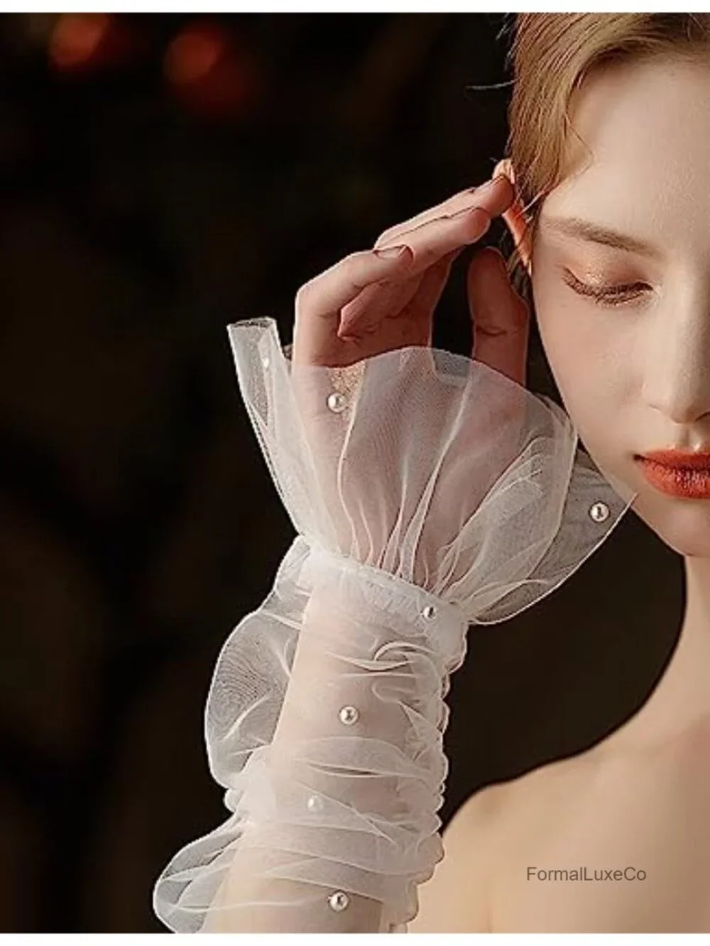 Women's Long Fingerless Bridal Wedding Tulle Pearl Opera Gloves